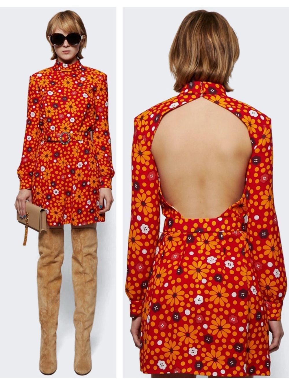Saint Laurent Belted High Neck Flower Print Dress Red and Jaune